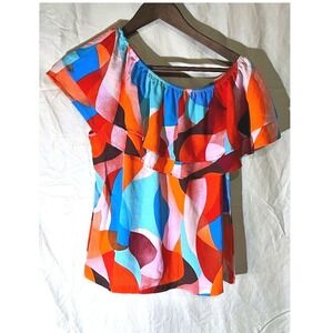 AndThewhy Womens Size Large Bohemian Geometric Print Top Off Shoulder Ruffle NWT